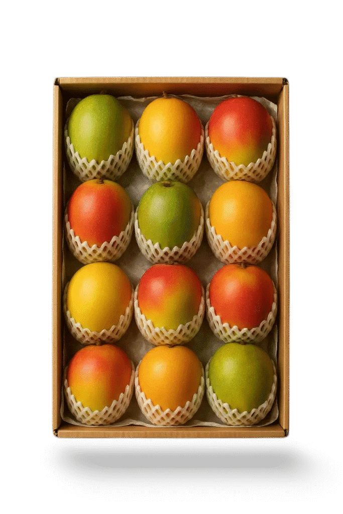 A box of 12 neatly packaged appetizing mangoes