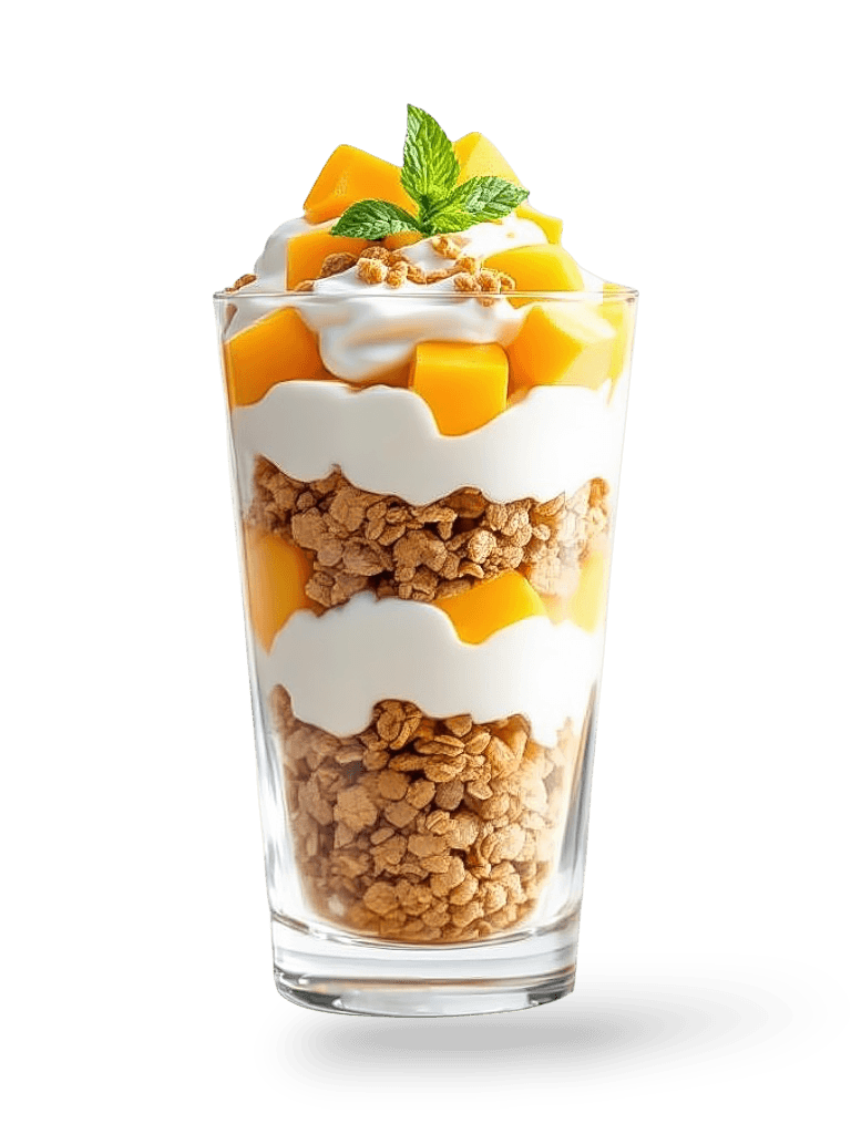 Craving inducing mango parfait, layered with granola and mango chunks